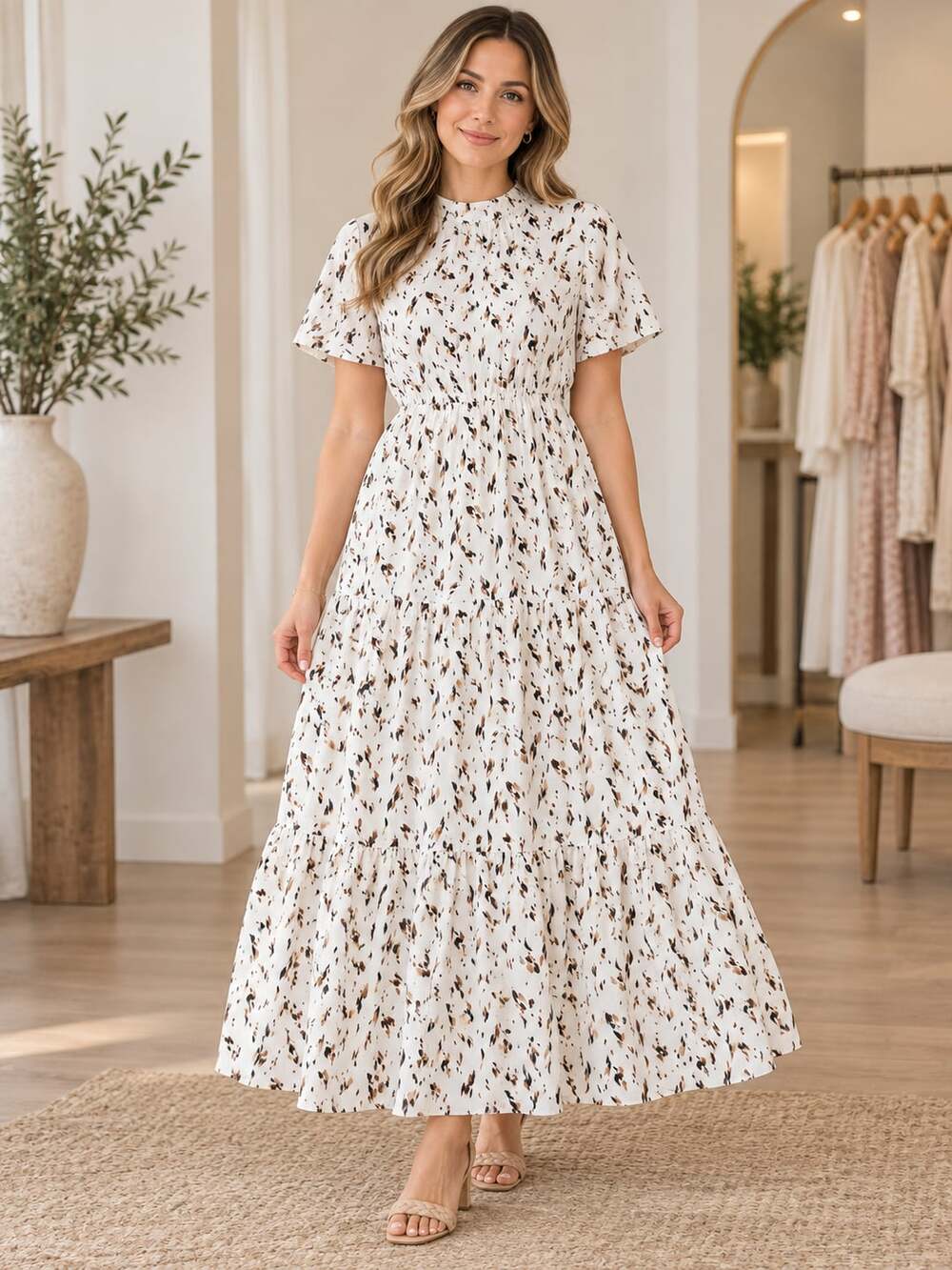 Indie & Co Tiered Maxi Dress Ivory Abstract Print Short Sleeve Womens M